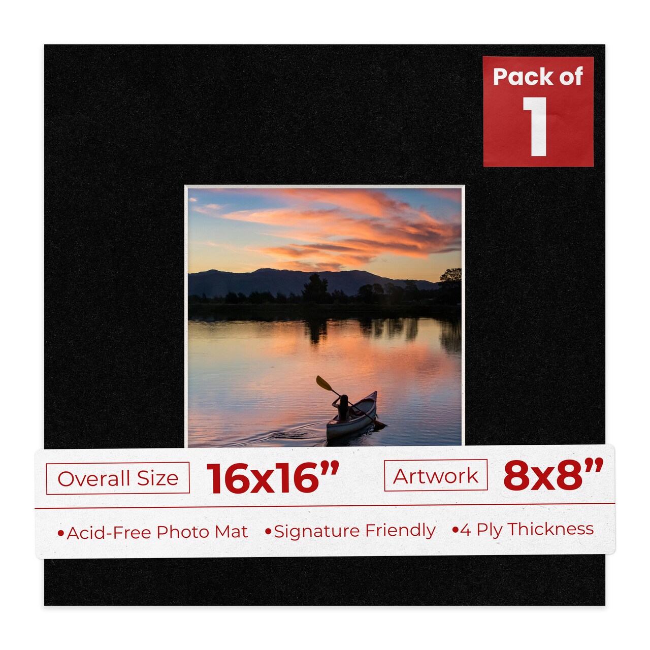 Black with Black Core Mat Board for 16x16 Frames - Fits 8x8 Photos